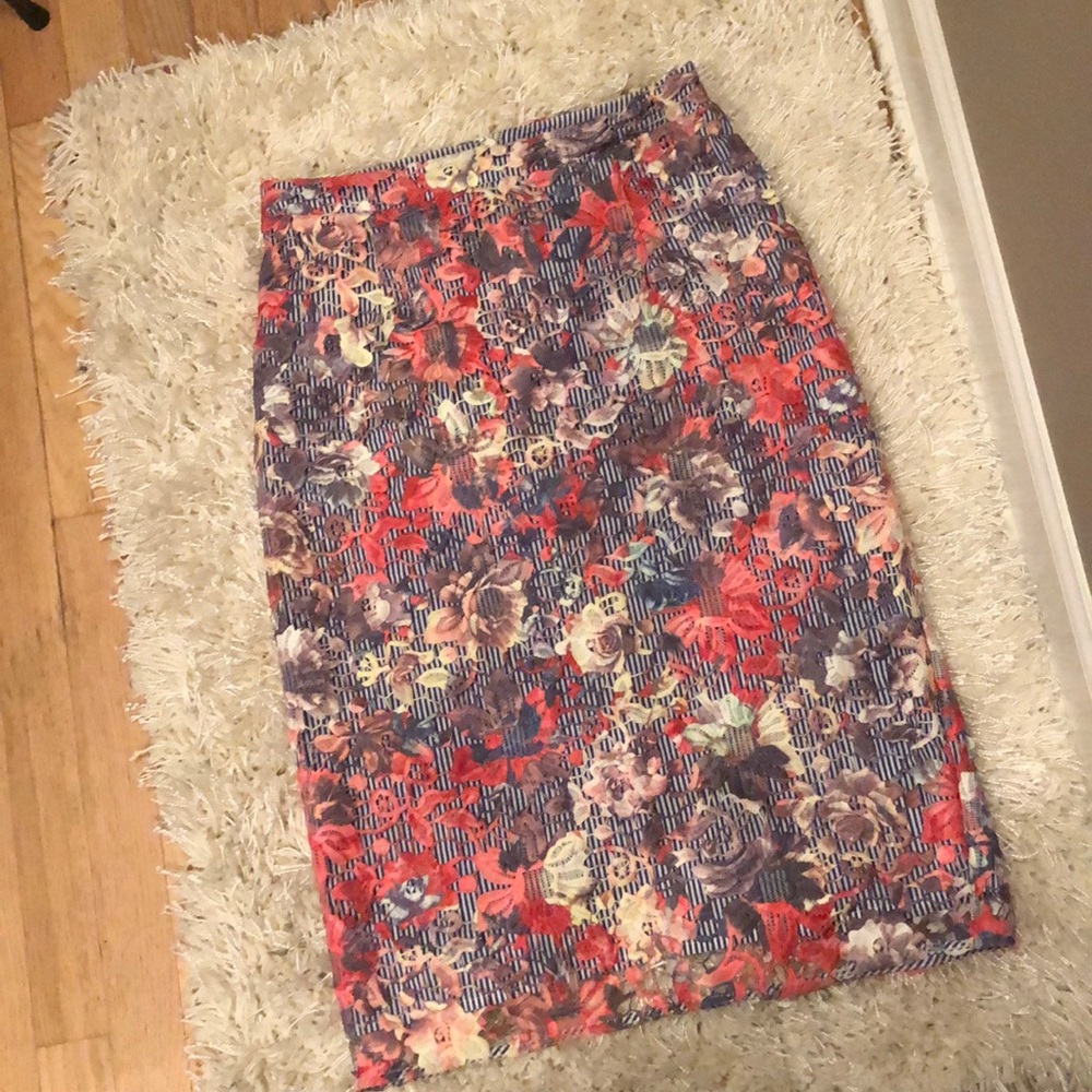 Halogen blue & white striped skirt wfloral overlay